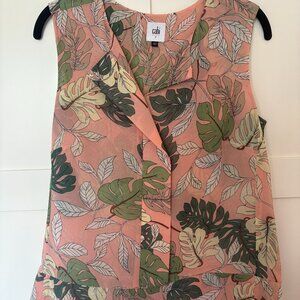 CAbi Style 5351 Tropical Leaf Blouse – Peach & Green Monstera Print, Size Small